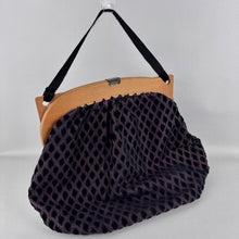 Load image into Gallery viewer, Original 1920's 1930's Dark Purple Silk Bag with Inky Black Flock Detailing and Wooden Frame