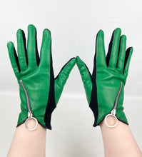 Load image into Gallery viewer, Original 1960's Bright Green and Black Leather and Fabric Gloves with Zip Closure *