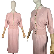 Load image into Gallery viewer, Original 1950's Soft Pink Pure Wool Skirt, Belt and Cardigan Knit Set by Tobanna Knit Fashions - Bust 36