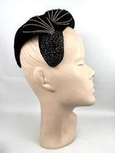 Load image into Gallery viewer, Original 1950’s Black Cotton Velvet Hat with Silver Glass Beads - Perfect Cocktail Hat