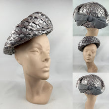 Load image into Gallery viewer, Original 1950's Silver Grey Lacquered Raffia Hat with Oversized Grosgrain Trim