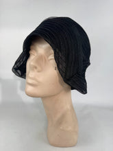 Load image into Gallery viewer, Original 1920's Seamed Black Mesh Cloche with Silk Lining