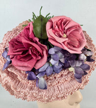 Load image into Gallery viewer, Fabulous Original 1940's New York Creations Pink Ruffle Straw Hat with Purple, Pink and Green Floral Trim