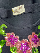Load image into Gallery viewer, Original 1940's Ellen Kaye Original Black Crepe Cocktail Dress with Floral Sequin Detail in Pink and Green - Bust 32 34