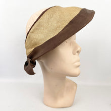 Load image into Gallery viewer, Original 1940’s Natural Straw Hat with Open Crown and Grosgrain Trim and Bow
