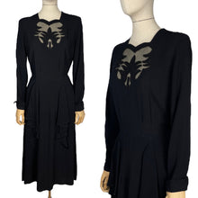 Load image into Gallery viewer, Original 1940’s Post WW2 Inky Black Crepe Cocktail Dress with Beaded Cutout Net Neckline and 11011 Label - Bust 38