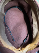 Load image into Gallery viewer, Original 1940’s Warm Brown Felt Bonnet Hat with Lacquered Raffia Trim *