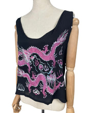 Load image into Gallery viewer, Original 1920's Black Pure Silk Top with Vibrant Silk Embroidery of Chinese Dragons in Pink and Blue - Bust 36 *