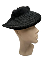 Load image into Gallery viewer, Original 1940's Black Straw Hat with Net Ruffle Trim and Grosgrain Band