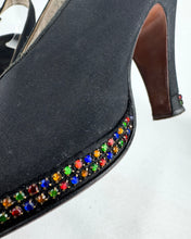 Load image into Gallery viewer, Original 1940's Inky Black Crepe Platform Evening Shoes with Paste Detail in Red, Blue, Yellow and Green - UK 4 *