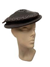 Load image into Gallery viewer, Original 1940's Dark Brown Lacquered Straw Hat with Wide Velvet Bow Trim