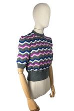 Load image into Gallery viewer, Reproduction 1940’s Hand Knitted Feather and Fan Striped Jumper in Grey, White, Blue and Pink - Bust 36 38