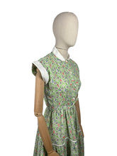 Load image into Gallery viewer, Original Late 1940's or Early 1950's Green Cotton Belted Day Dress with Leaf Print in Black, White, Red and Blue - Bust 34 *