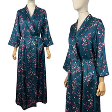 Load image into Gallery viewer, Original 1950’s Artificial Silk House Coat in Petrol Blue with Sycamore Seed Print in Pink and White - Beautiful Dressing Gown - Bust 36” *