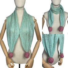 Load image into Gallery viewer, Original 1940's Hand Knitted Wool Scarf with Pretty Pom-pom Trim in Green & Pink