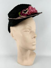 Load image into Gallery viewer, Original Late 1930's or Early 1940's Pink and Black Straw Topper Hat with Floral Trim