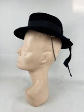 Load image into Gallery viewer, Original 1940's Inky Black Felt Topper hat by Harrods with Grosgrain Bow Trim *