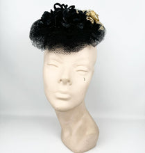 Load image into Gallery viewer, REPRODUCTION 1940's Black and Gold Net and Flower Topper Hat
