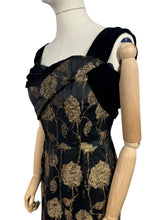 Load image into Gallery viewer, Original 1950's Elizabeth Henry of London Black and Metallic Gold Wiggle Cocktail Dress with Back Drapes - Bust 36
