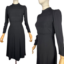 Load image into Gallery viewer, Original 1930's Black Satin Back Crepe Long Sleeved Day Dress with Pin-tuck Detail - Bust 32
