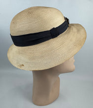 Load image into Gallery viewer, Original 1930's French Made Silk Lined Natural Straw Hat with Black Grosgrain and Metal Trim