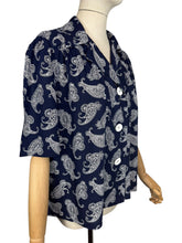 Load image into Gallery viewer, Original 1940's Navy and White Paisley Floppy Cotton Blouse - Bust 44 46