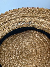Load image into Gallery viewer, Wounded but Wearable Original 1940's 1950's Natural Straw Sunhat with Soft Black Velvet Ribbon Trim