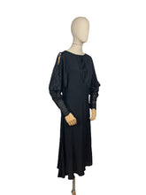 Load image into Gallery viewer, Original 1930's Black Bias Cut Dress with Cold Shoulder Ribbon Work Sleeves - Bust 34 36 38