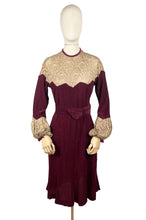 Load image into Gallery viewer, Absolutely Stunning Original 1930's Burgundy Chenille Dress With Bow Belt, Pointed Lace Yoke and Full Sleeves - Bust 34 35