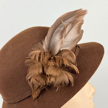 Load image into Gallery viewer, Vintage Warm Brown Felt Hat with Rounded Crown and Large Feather Trim