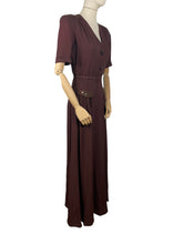 Load image into Gallery viewer, Original 1940's Chocolate Brown Crepe Full Length Belted Evening Dress with Bead and Sequin Trim - Bust 34" 35"