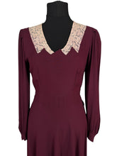 Load image into Gallery viewer, Original 1930's Petite Length Burgundy Crepe Long Sleeved Belted Day Dress with Lace Detail - Bust 34