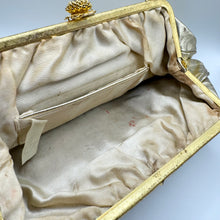 Load image into Gallery viewer, 1950's or 1960's RFC Bright Gold Leather Evening Bag with Snake Chain and Faux Pearl Clasp