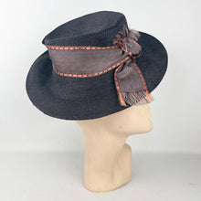 Load image into Gallery viewer, Original 1940's Black Straw Tilt Hat with Bronze Grosgrain Trim