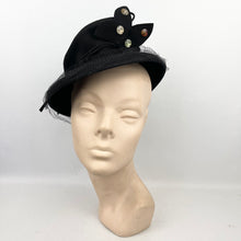 Load image into Gallery viewer, Incredible Original 1930's 1940's Black Felt Topper Hat with Net, Glass Beads and Butterfly Trim *