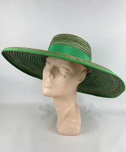 Load image into Gallery viewer, Original 1950’s Hudson Bay Large Green Straw Sun Hat with Grosgrain Trim