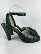 Load image into Gallery viewer, Original 1940's Dark Green Crocodile Skin Platform Peep-toe Shoes with Ankle Straps - UK 4.5 5 *