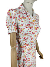 Load image into Gallery viewer, Original Late 1930's Petite Length Floppy Cotton Floral Day Dress in White, Coral, Pink and Yellow - Bust 32 34