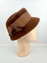 Load image into Gallery viewer, Original 1950’s Warm Brown Felt Hat with Wide Grosgrain Ribbon Trim by Jacoll