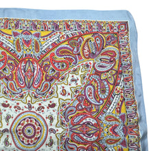Load image into Gallery viewer, Original Large 1940's Blue Crepe Scarf with Paisley Design in Purple, Mustard, Red, Black and White - Great Headscarf *