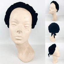 Load image into Gallery viewer, Original 1950's Black Velvet Close Fitting Hat with Bow and Petal Trim *