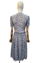 Load image into Gallery viewer, Original 1930's Floral Crepe Day Dress in Blue, Red and Green with Frill Trim - Bust 34