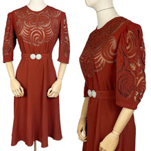 Load image into Gallery viewer, Original 1930's Burnt Orange Crepe Belted Day Dress with Cutout Detail - Bust 34 35 36