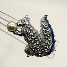 Load image into Gallery viewer, Original 1950's Painted Punched Steel Squirrel Brooch Holding a Faux Pearl