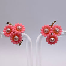 Load image into Gallery viewer, Original 1950's Pink Plastic Floral Earrings with Faux Pearl Middles