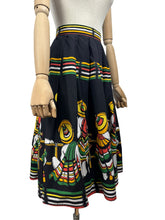 Load image into Gallery viewer, Original 1950's Black Cotton Skirt with Novelty Mexican Print - Waist 25 *