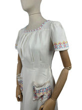Load image into Gallery viewer, Original 1930's White Linen Day Dress with Pretty Embroidery in Red, Blue, Yellow and Brown - Bust 32 33 *