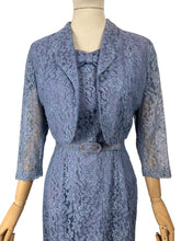 Load image into Gallery viewer, Original 1950's Lavender Blue Lace Dress, Bolero and Jacket Set by Mynette - Bust 38