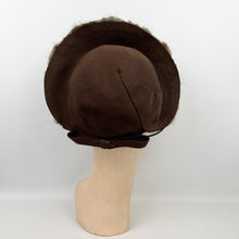 Load image into Gallery viewer, Original 1940's Brown Felt Hat with High Brim Trimmed with Genuine Fur and Smart Bows *