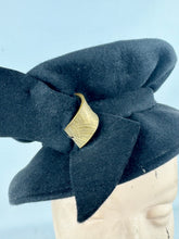 Load image into Gallery viewer, Original 1940's Inky Black Felt New York Creations Hat with Metal Trim and Bow Detail